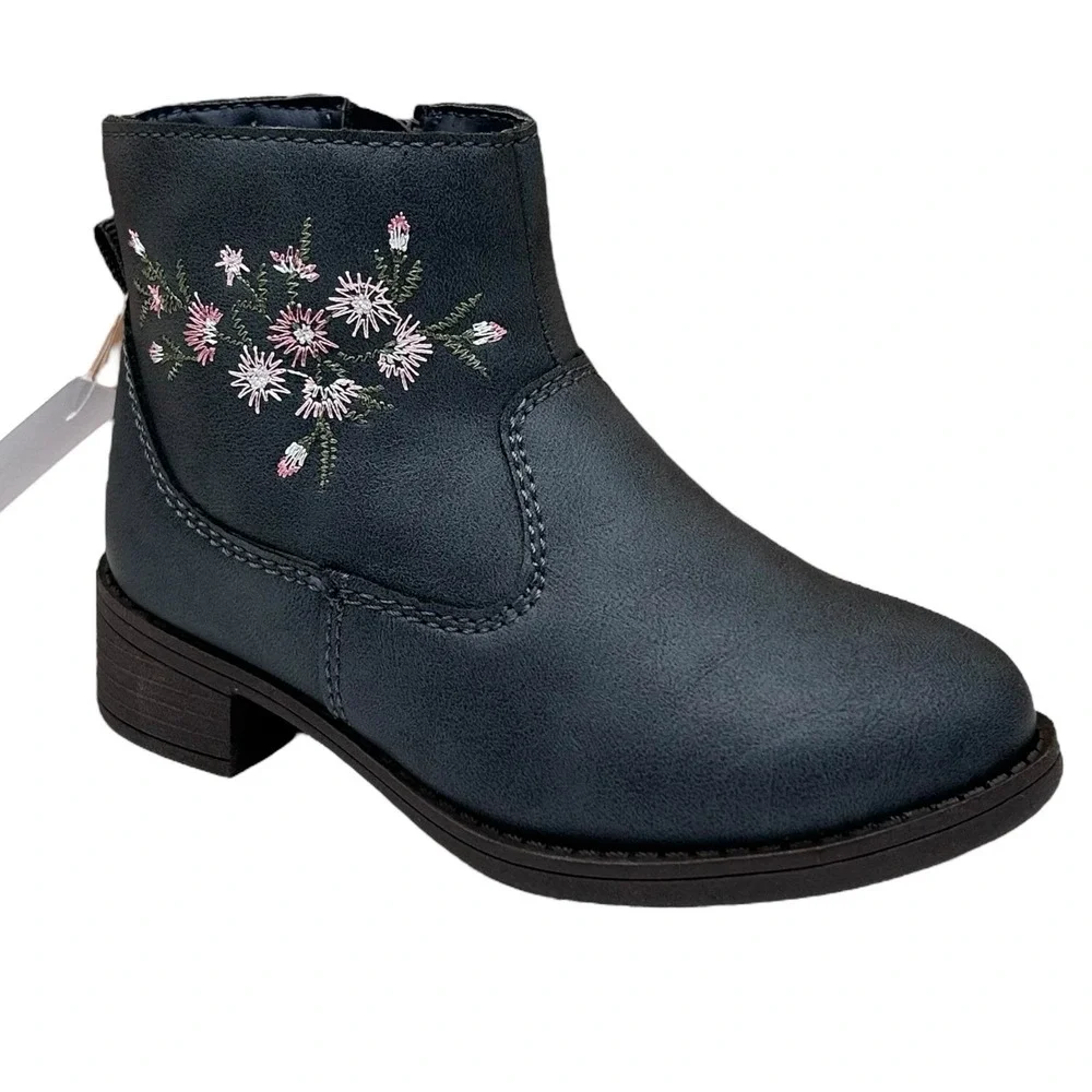 OshKosh BGosh Toddler Girls Ankle Boot Size 8 Navy Blue Flower‎ Accent Side Zip
